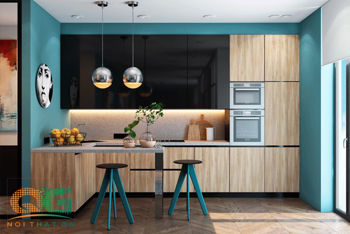 Mẫu tủ bếp xanh kết hợp sàn gỗ