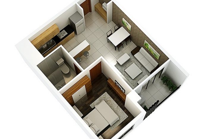 Minh hoạ bối cảnh 3D của thiết kế căn hộ 40m2