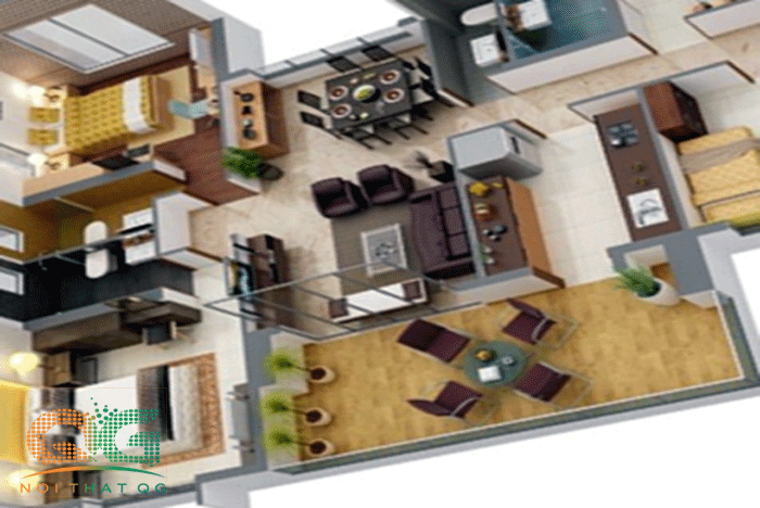 Minh hoạ bối cảnh 3D của thiết kế nội thất bếp căn hộ